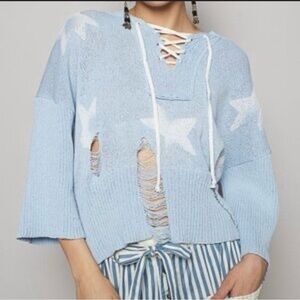NEW - POL Lace-up Distressed Blue Star Hooded Sweater